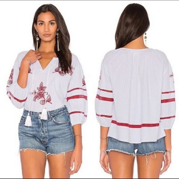 Anthropologie velvet by graham & Spencer Ola embroidered peasant top Sz M - Picture 1 of 11